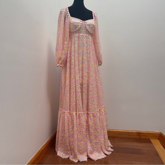 Selkie- Rainbow Sequin Princess Gown Size XS 3/4 Sleeve Sweetheart Maxi Dress - Picture 2 of 16